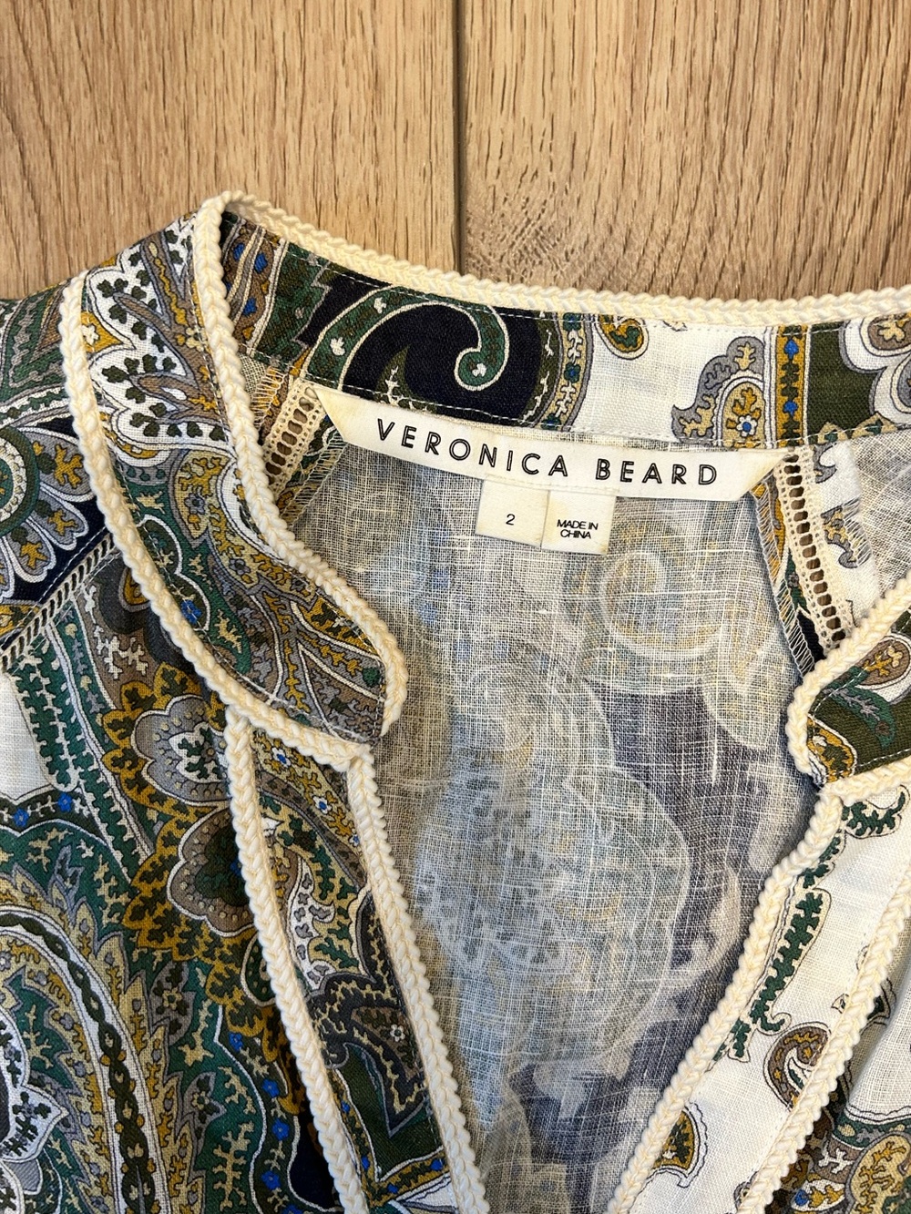 Veronica Beard Paisley Long Sleeve Midi Dress in White and Olive - Picture 6 of 9